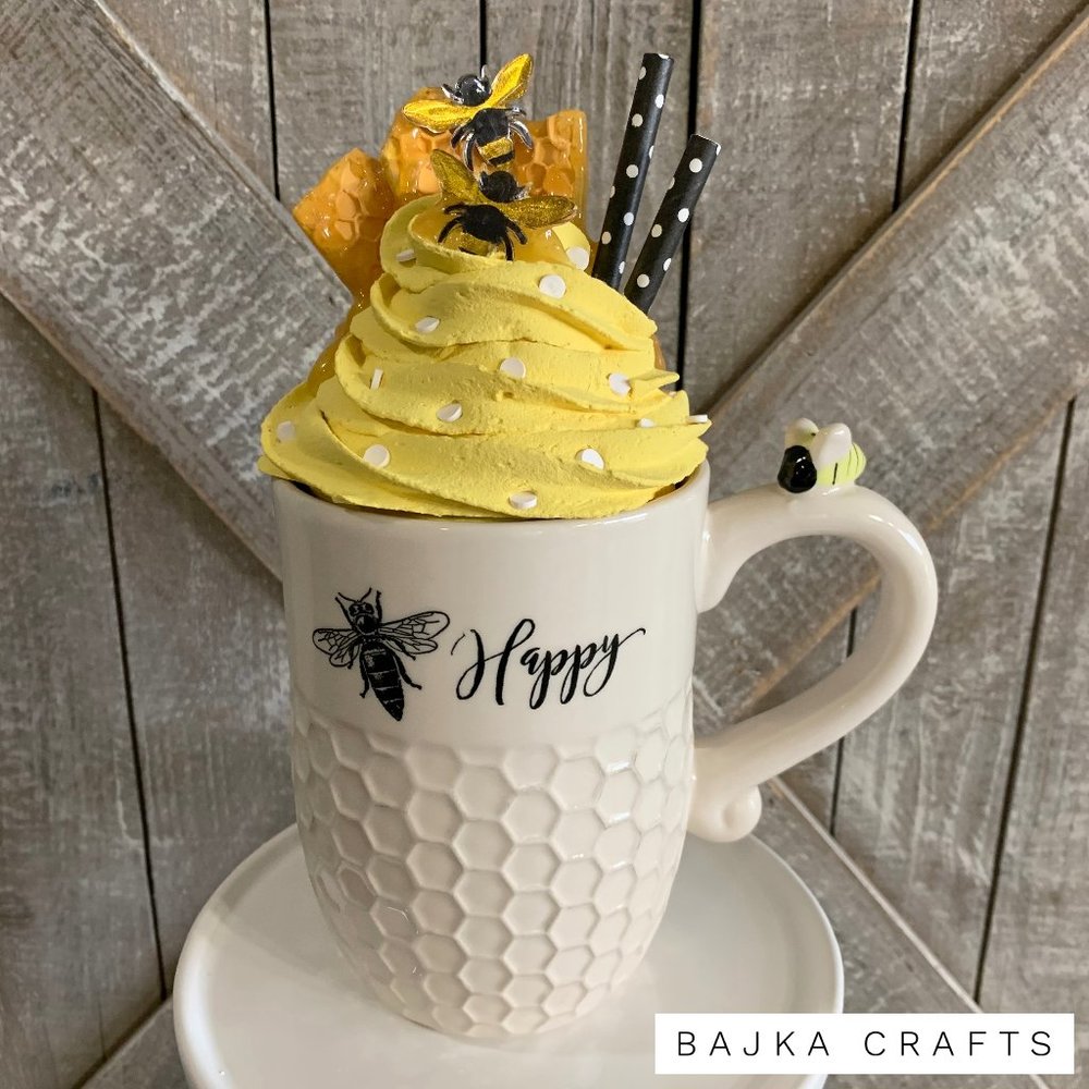 Handmade Bee Mug Topper with mug.